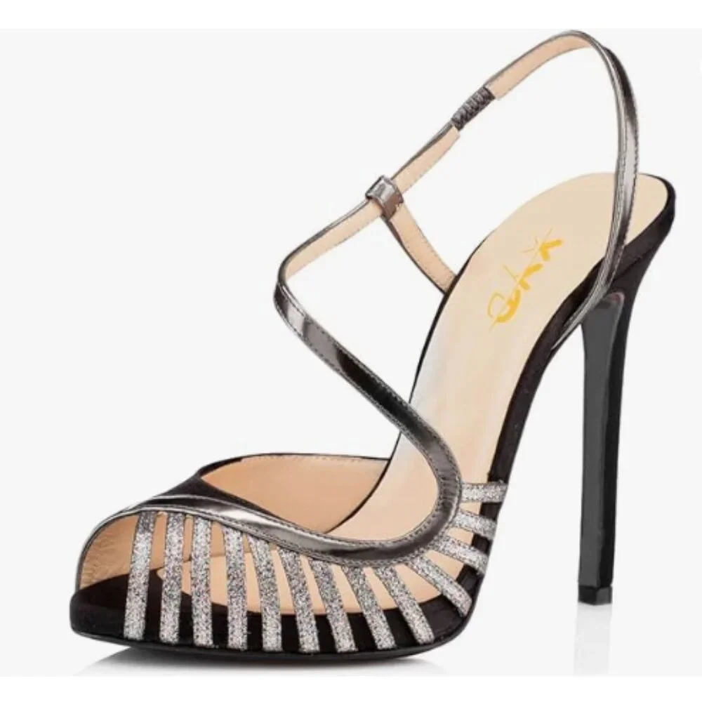 XYD Black Peep Toe Slingback Stiletto High Heel Sandals Caged Cutout Dress Shoes